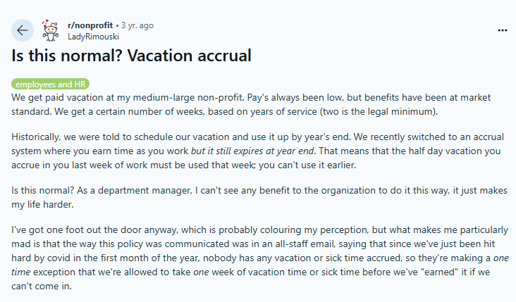 reddit conversation about vacation accrual